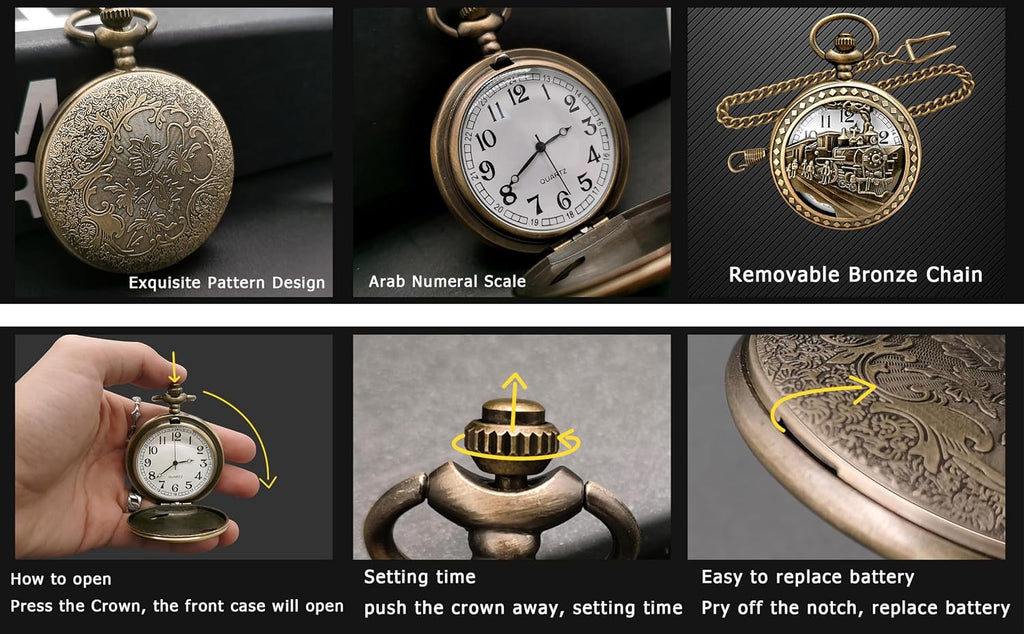 Top Fashion Watches Vintage Bronze Steam Train Mens Quartz Gift Pocket Watch with Chain