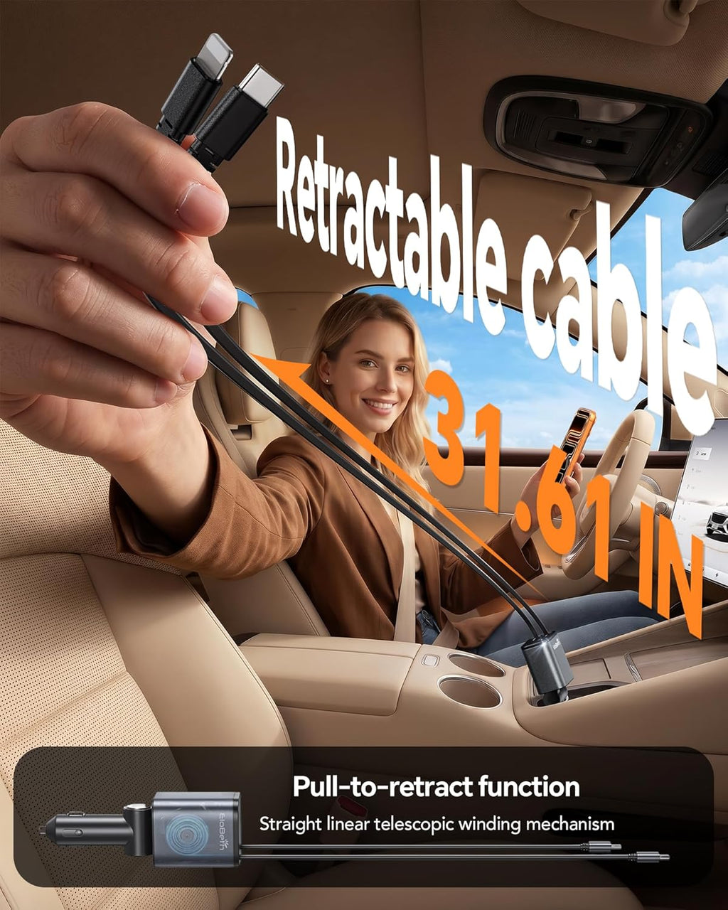 Retractable Car Charger,Car Phone Charger USB C Fast Charge,Cigarette Lighter USB Charger Car Accessories for