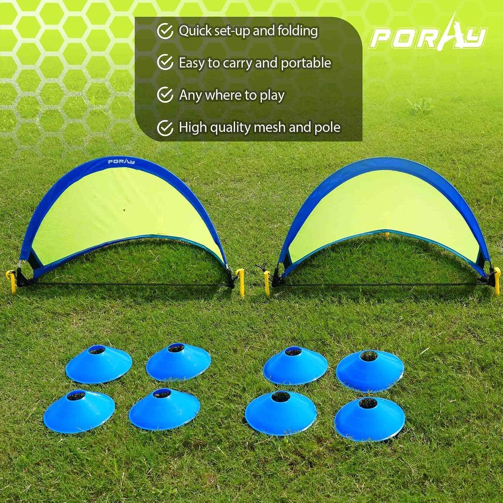 Poray Soccer Goal for Kid Easy-up Set of Two Portable Soccer Net 210D Oxford with 8 Field Marker Cones Extra Stakes