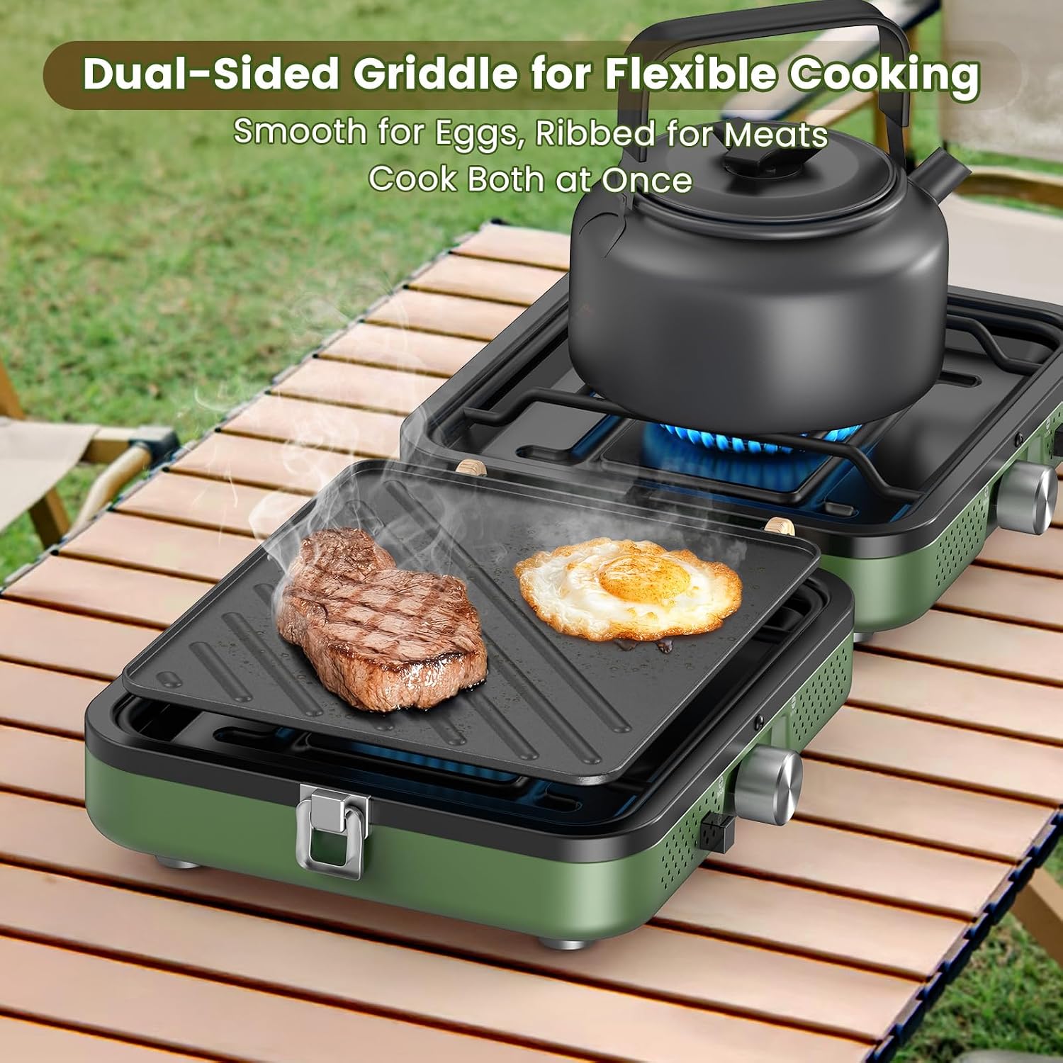 2-Burner Foldable Camping Stove with Griddle (Textured & Smooth) and Carrying Bag, Portable Propane Camp Stove with 2