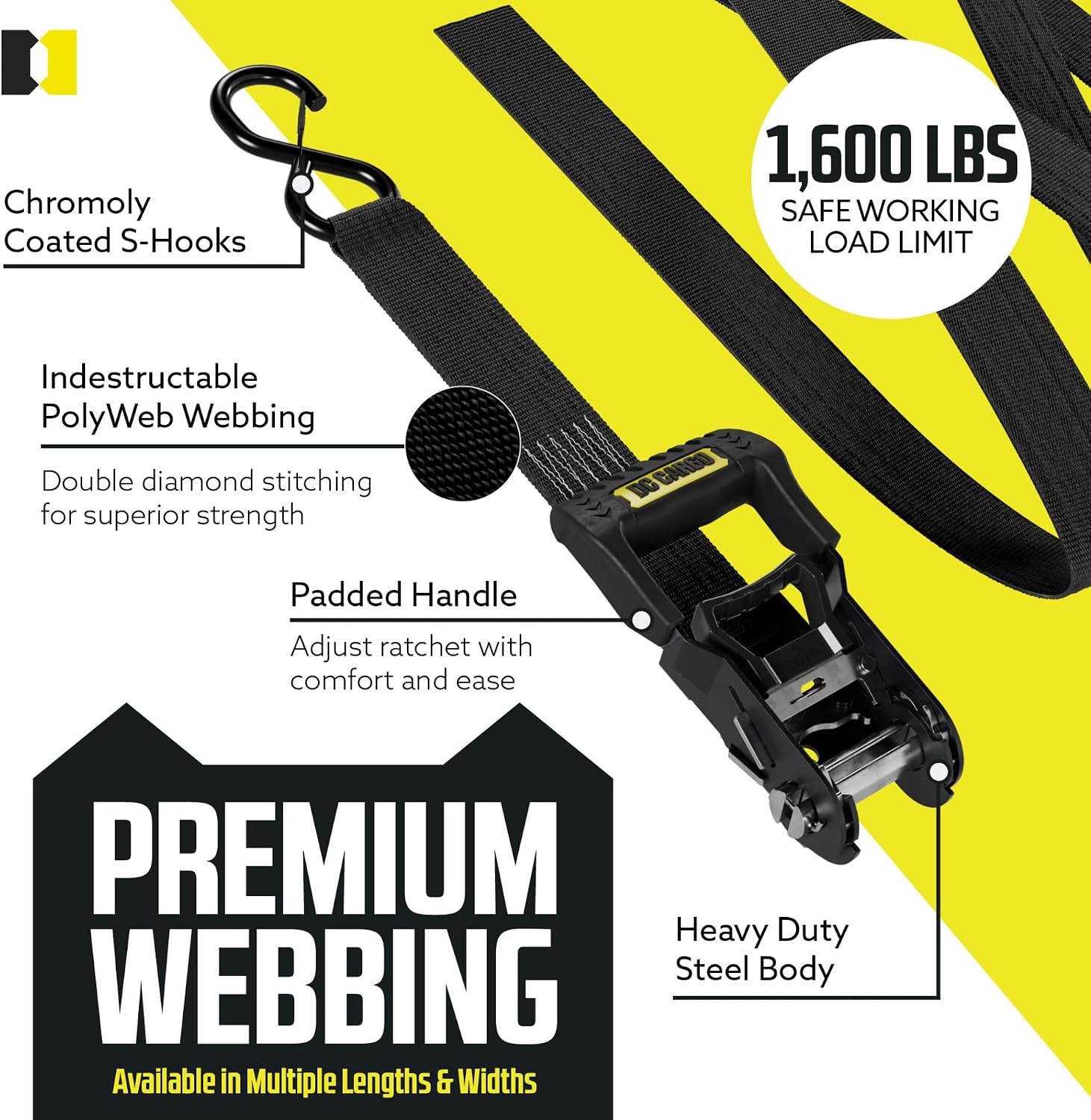 Ratchet Straps Tie Downs 4 Pack (5,000 LB Break Strength) 1.5" x 15 Feet Tie Down Straps with Safety Lock S Hooks for