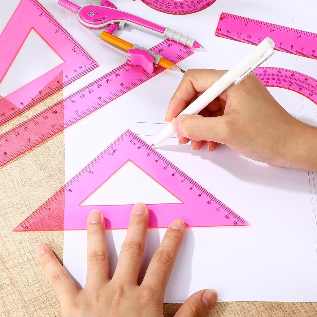 1 Set Plastic Geometry Math Set 7 Pcs Includes 6'' / 4 '' Protractor, Drawing Compass, 45/60 Degree Triangle Rulers
