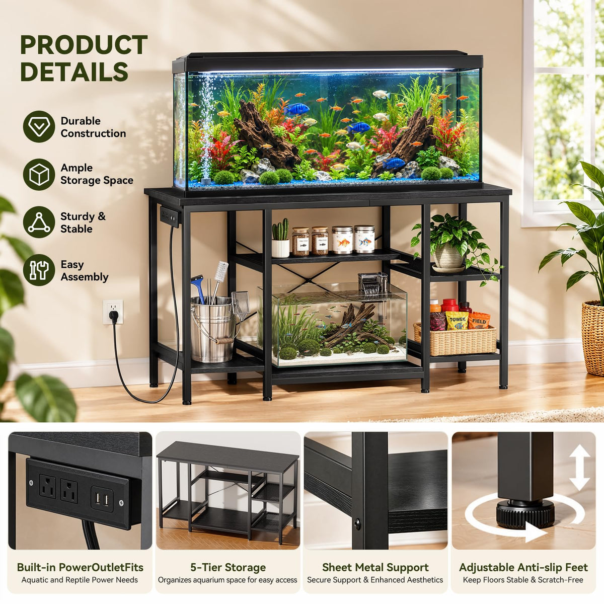 55-75 Gallon Fish Tank Stand with Power Outlet, Black