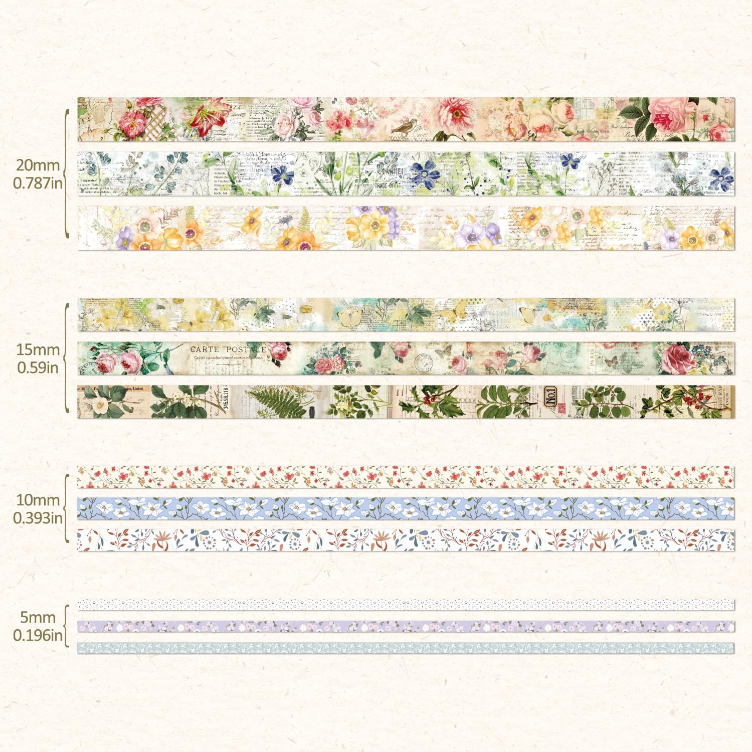 Vintage Botanical Scrapbooking Supplies Kit, Aesthetic Flower Scrapbook Kit for Bullet Junk Journal, 12 Rolls Washi