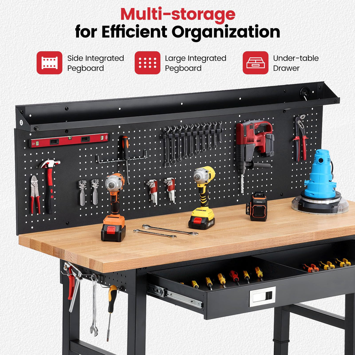 60-Inch Heavy Duty Workbench with Wheels, Adjustable Height