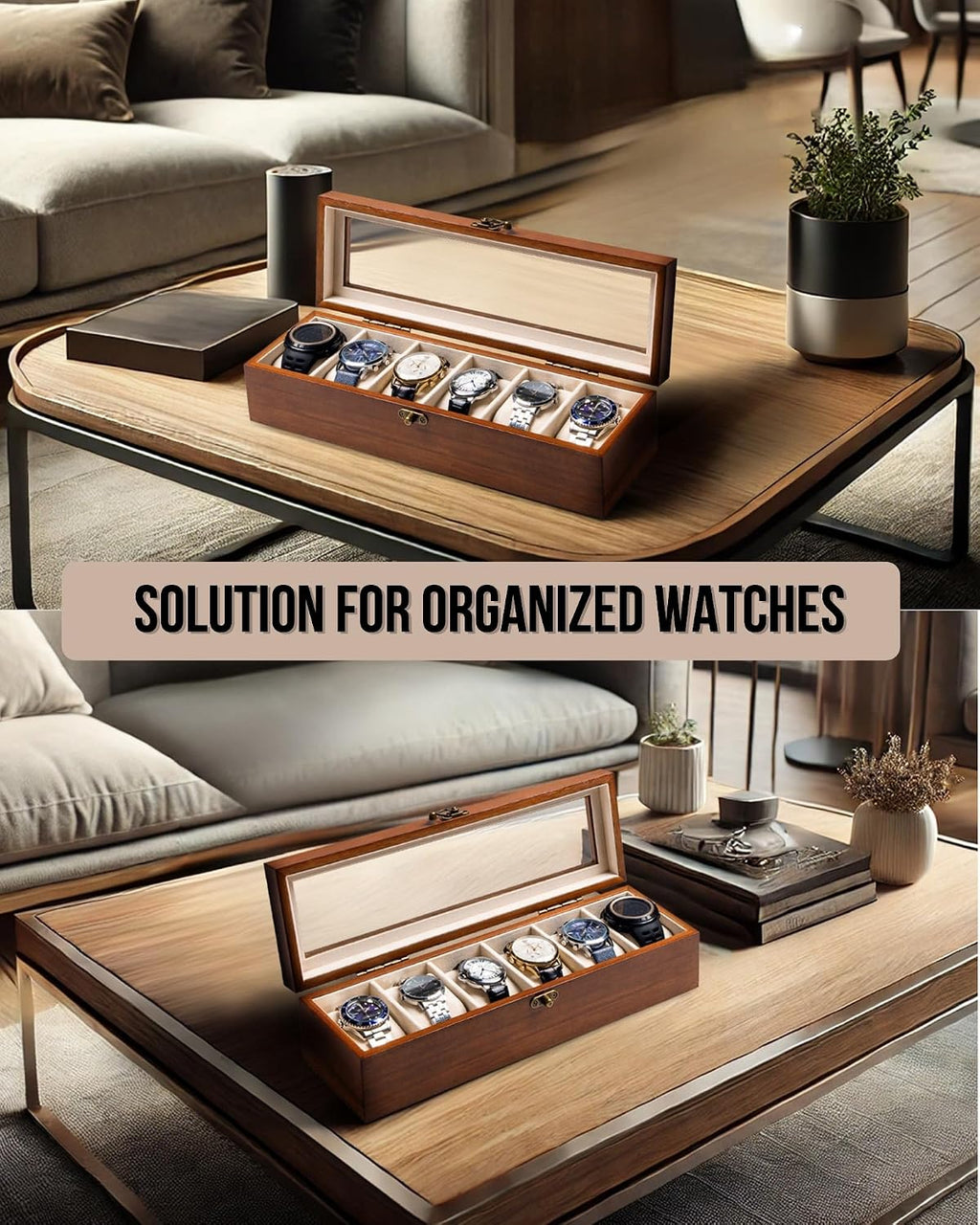 Watch Box, Watch Case for Men Women with Large Glass Lid, Wooden Watch Display Storage Box with 6 - Slots, Classic
