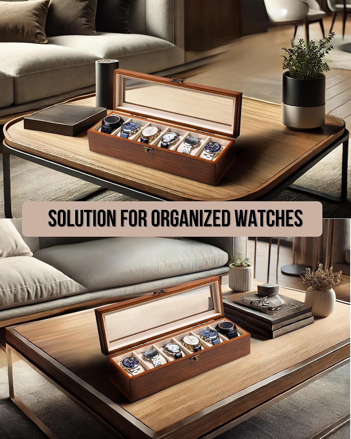 Watch Box, Watch Case for Men Women with Large Glass Lid, Wooden Watch Display Storage Box with 6 - Slots, Classic