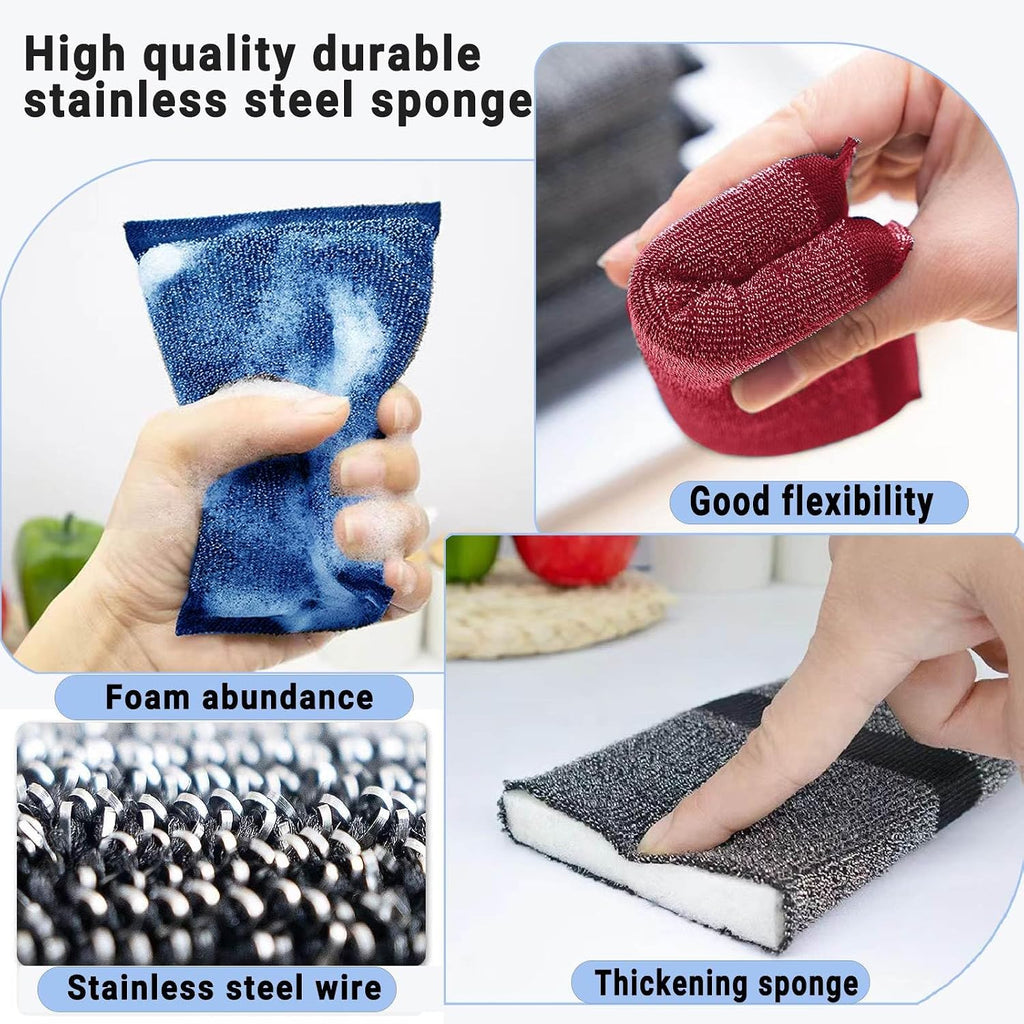 Steel Wool Scrubber Kitchen Sponges - 6 Pack Kitchen Dish Sponges Scrubbers, Non-Scratch Microfiber sponges for