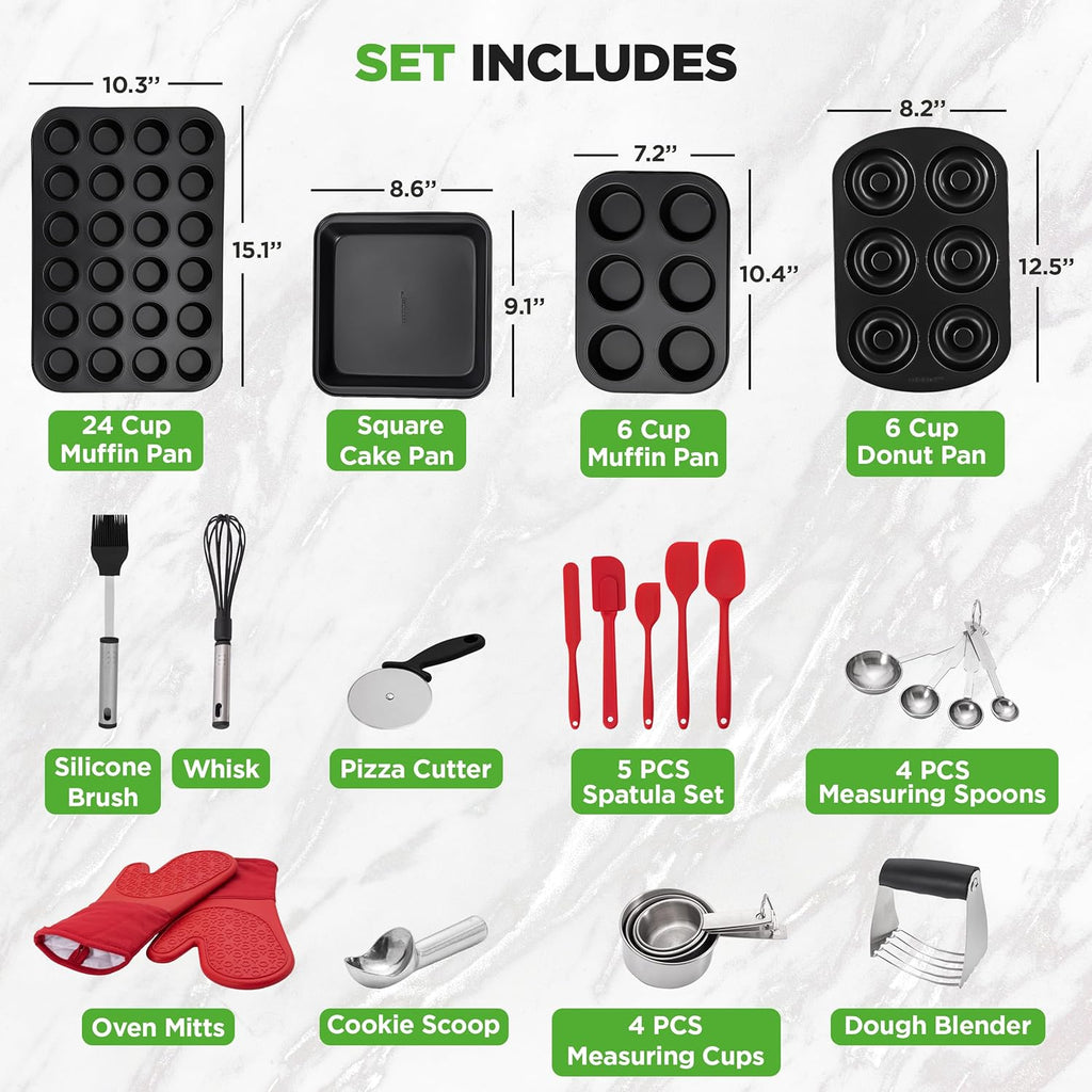 42-Piece Ultimate Nonstick Bakeware Set - Carbon Steel Baking Pans, Everyday Baking Tools, Oven Mitts, & More - Ideal