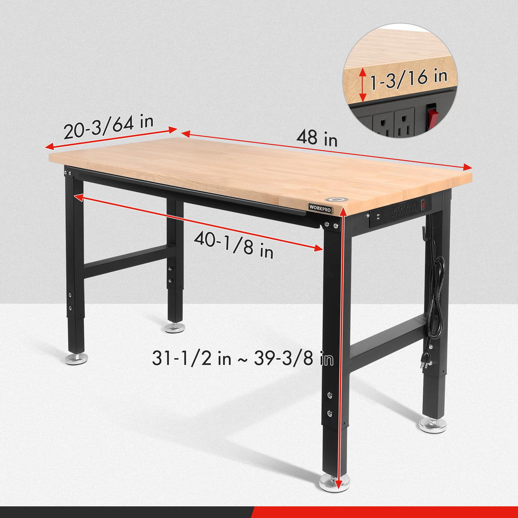 48" Adjustable Workbench, Rubber Wood Top, 2000 LBS Capacity
