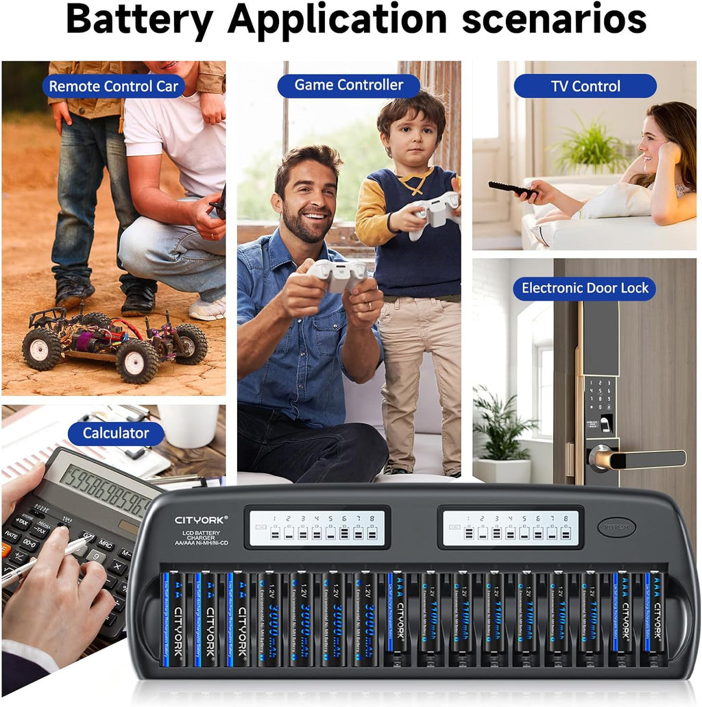 16 Bay AA AAA Battery Charger with Discharge Function, Smart LCD Display for 1.2V AA/AAA NiMH/NiCd Rechargeable