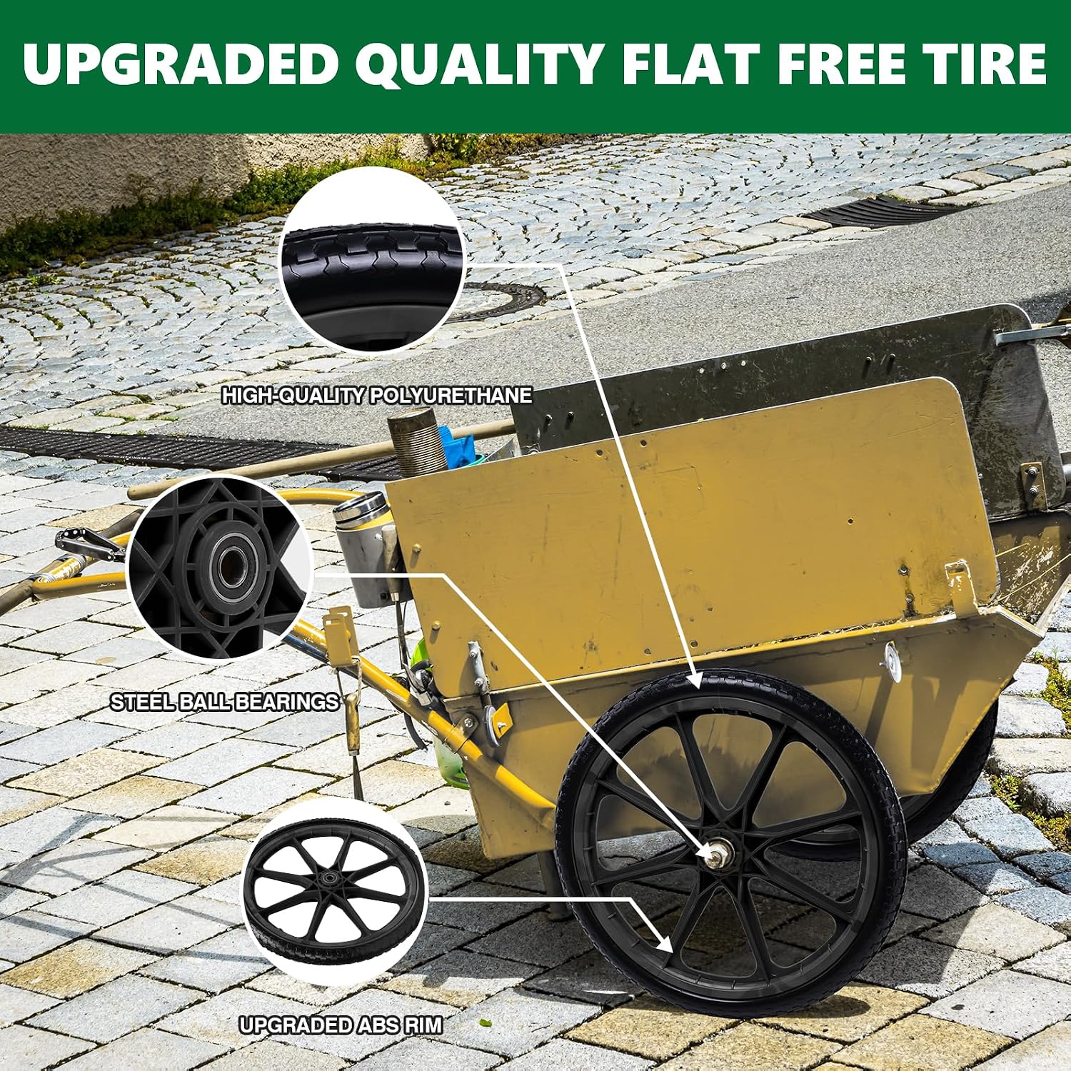 20" Flat Free Tire and Wheel with 3/4" & 5/8" Bearing, Replacement Wheels for Rubbermaid Wheelbarrow,Lawn Carts, Big