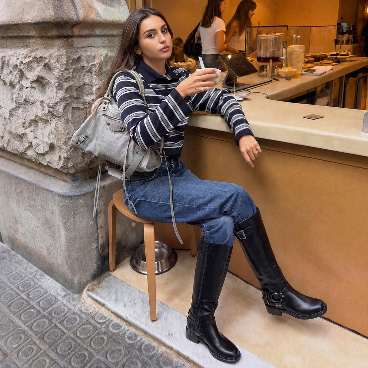 Women's Knee High Riding Boots, Square Toe Buckle Harness Style