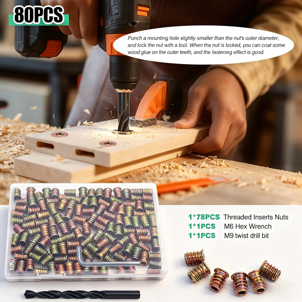 Twidec/80PCS 1/4"-20 Threaded Inserts for Wood Furniture Screw-in Nut Wood Inserts Bolt Assortment Kit with M6 Hex Wrench (1/4"-20 x15mm) N-059