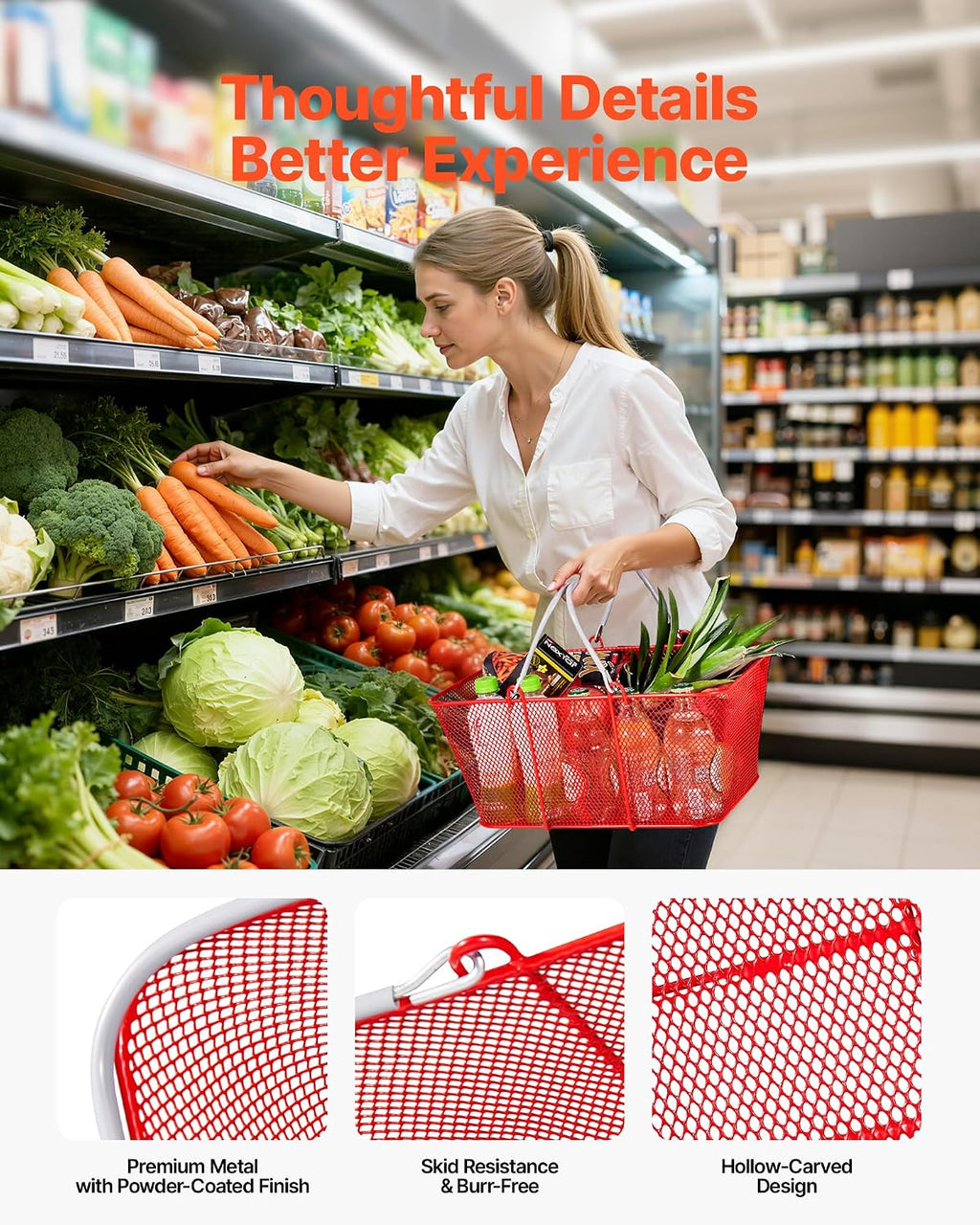 Shopping Baskets, 12 PCS, 22L Stackable Metal Grocery Baskets with Handles, Dense Mesh Structure, Holds up to 44 lbs