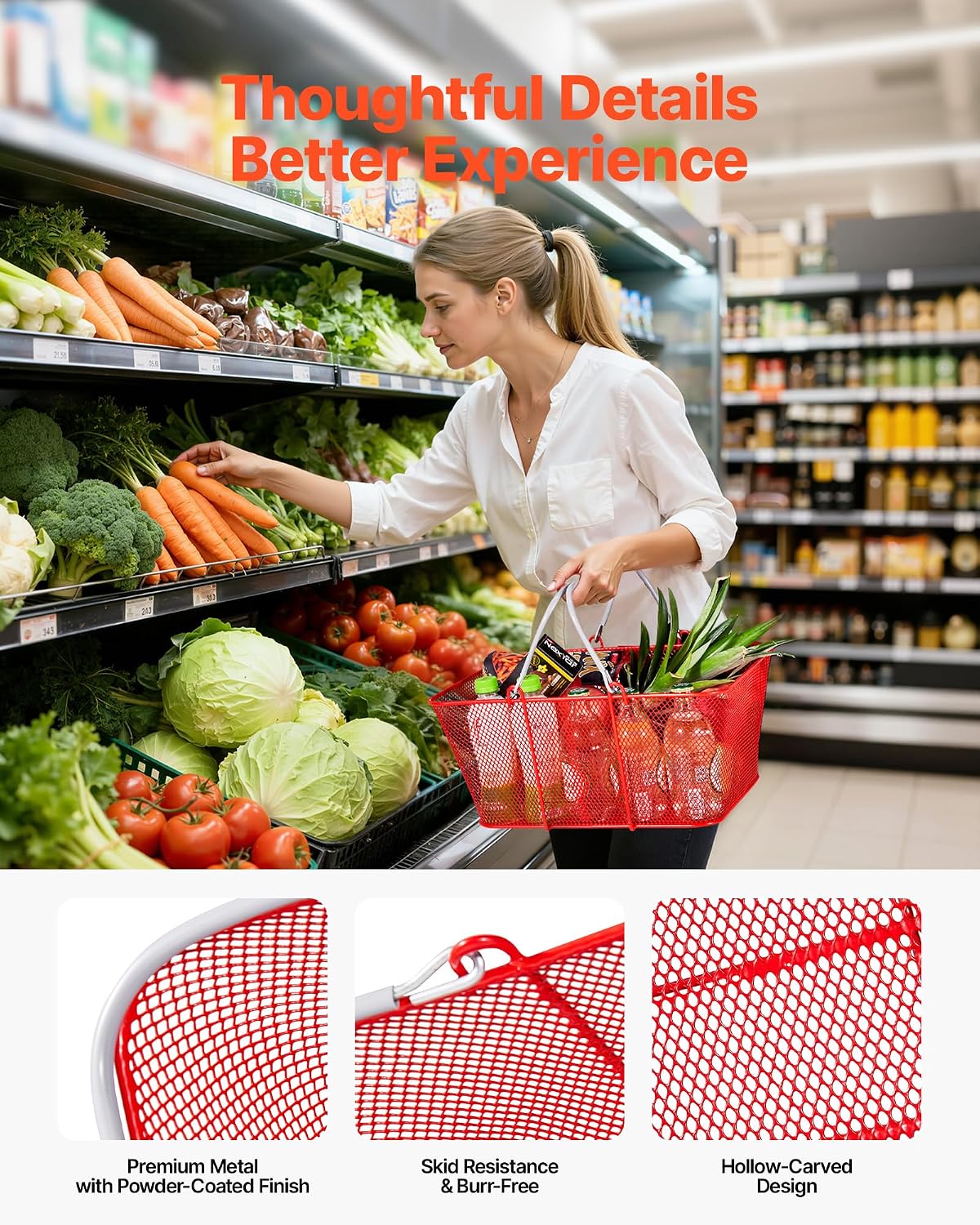 Shopping Baskets, 12 PCS, 22L Stackable Metal Grocery Baskets with Handles, Dense Mesh Structure, Holds up to 44 lbs