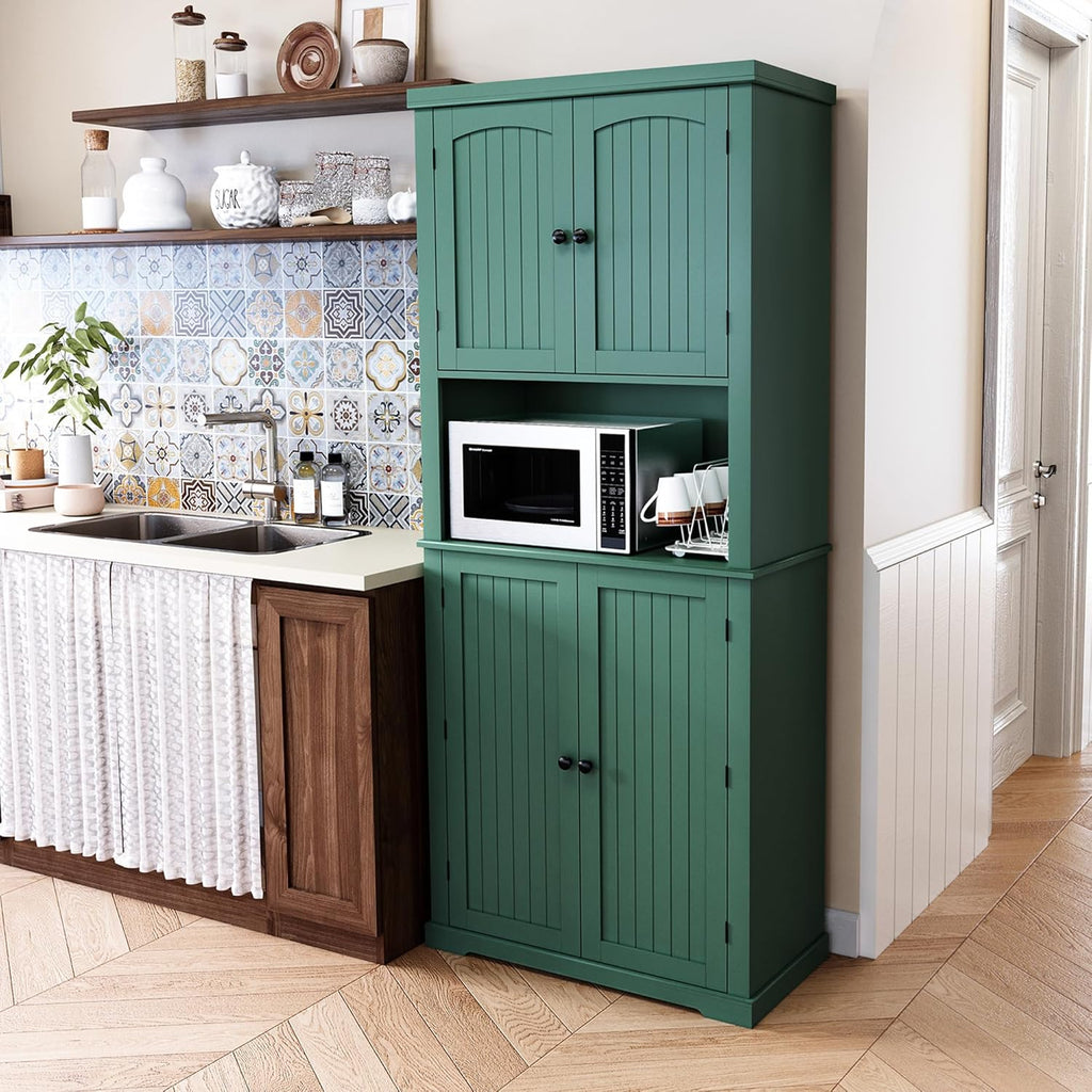 72" Kitchen Pantry Storage Cabinet with Open Countertop, Freestanding Larder Cupboard with Microwave Stand, Utility