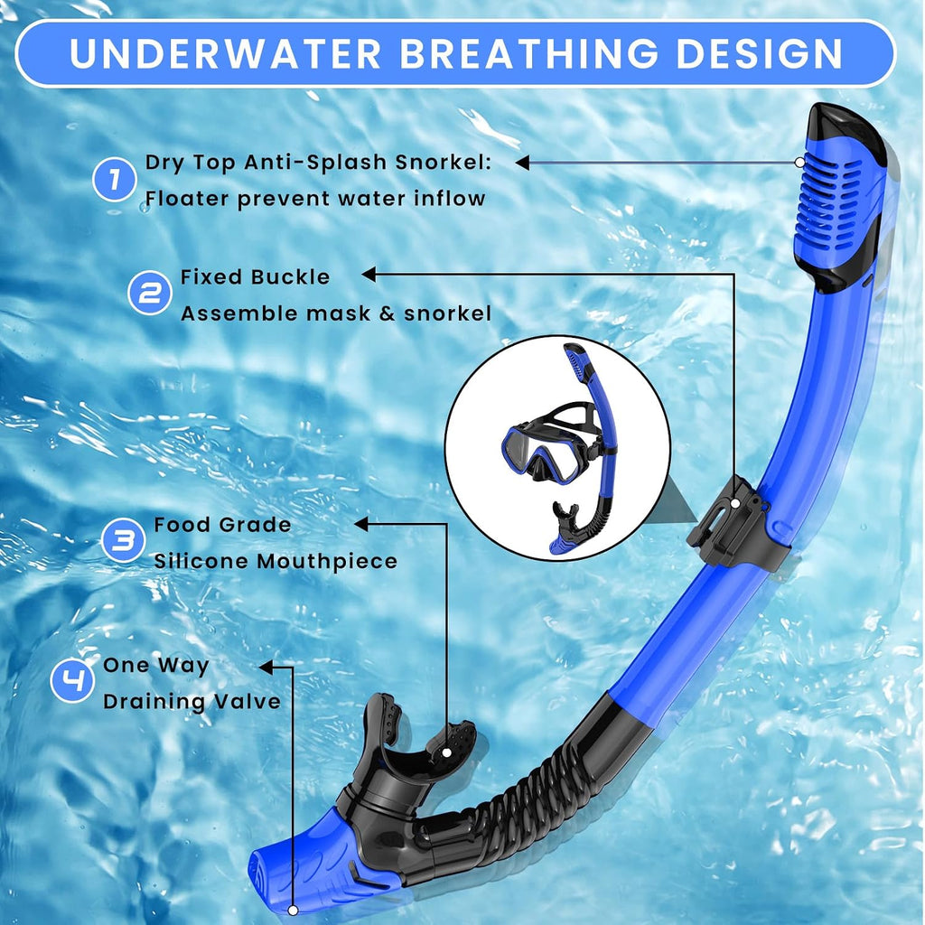 Snorkeling Gear for Adults, Adult Snorkel Mask Set Scuba Diving Dry-Top, Swimming Goggles w/Nose Cover, HD Tempered