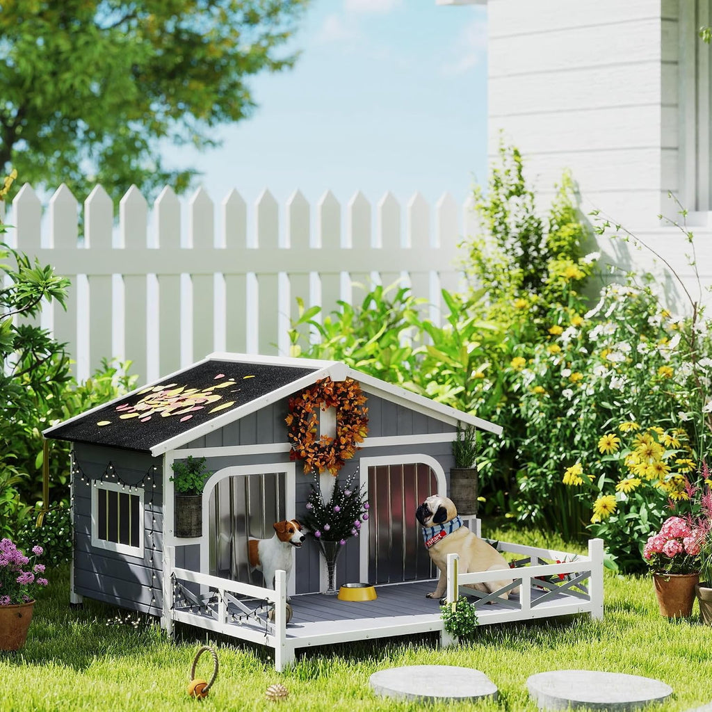 Dog House Outdoor, Wooden Dog Kennel Weatherproof with Porch, Openable Roof, Removable Bottom, Elevated Floor, Double