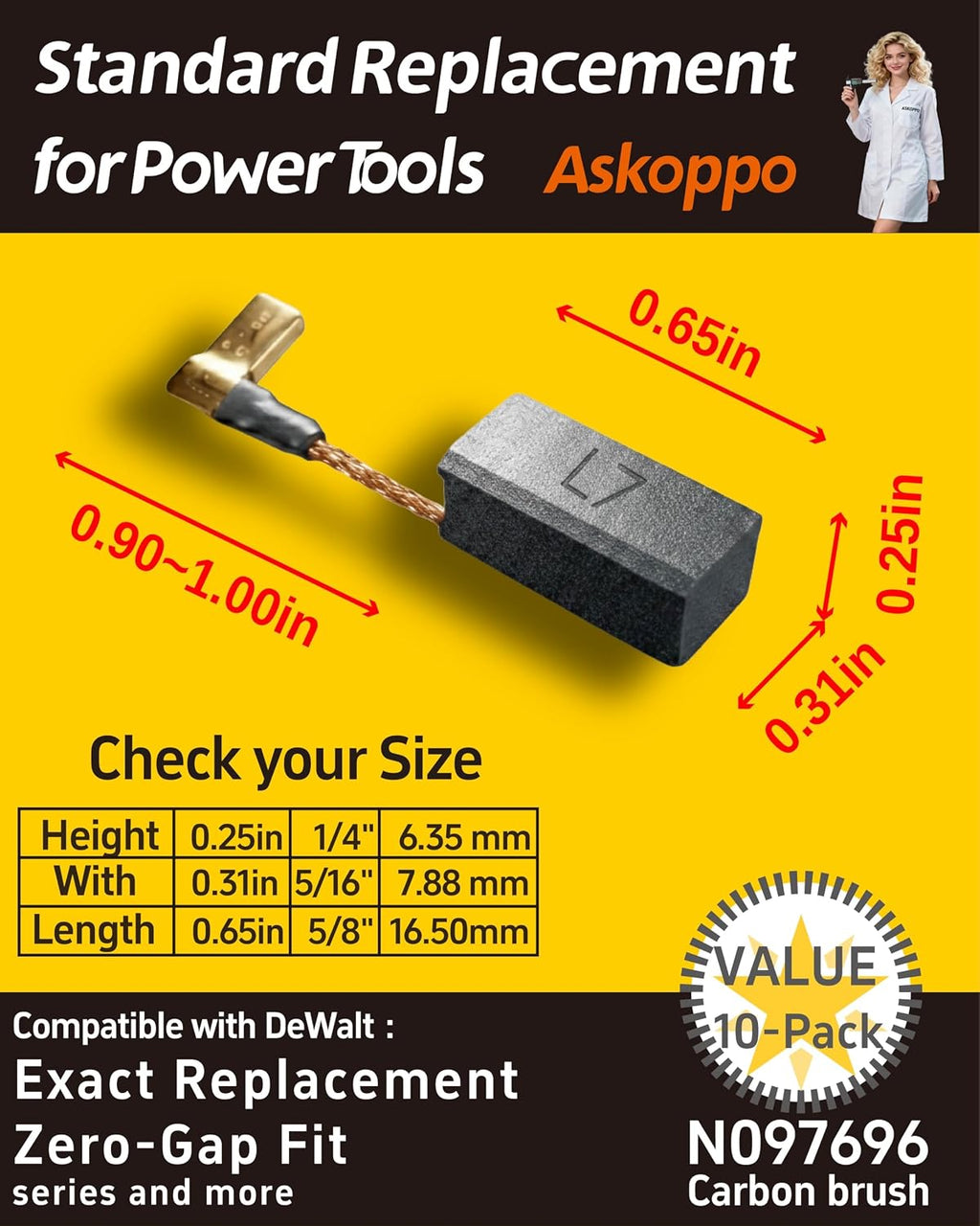 N097696 (10-Pack) Carbon Brushes, Carbones para DeWALT DWE4120 DWE4011 DWE4012 DWE4100 Angle Grinder Replacement - Askoppo