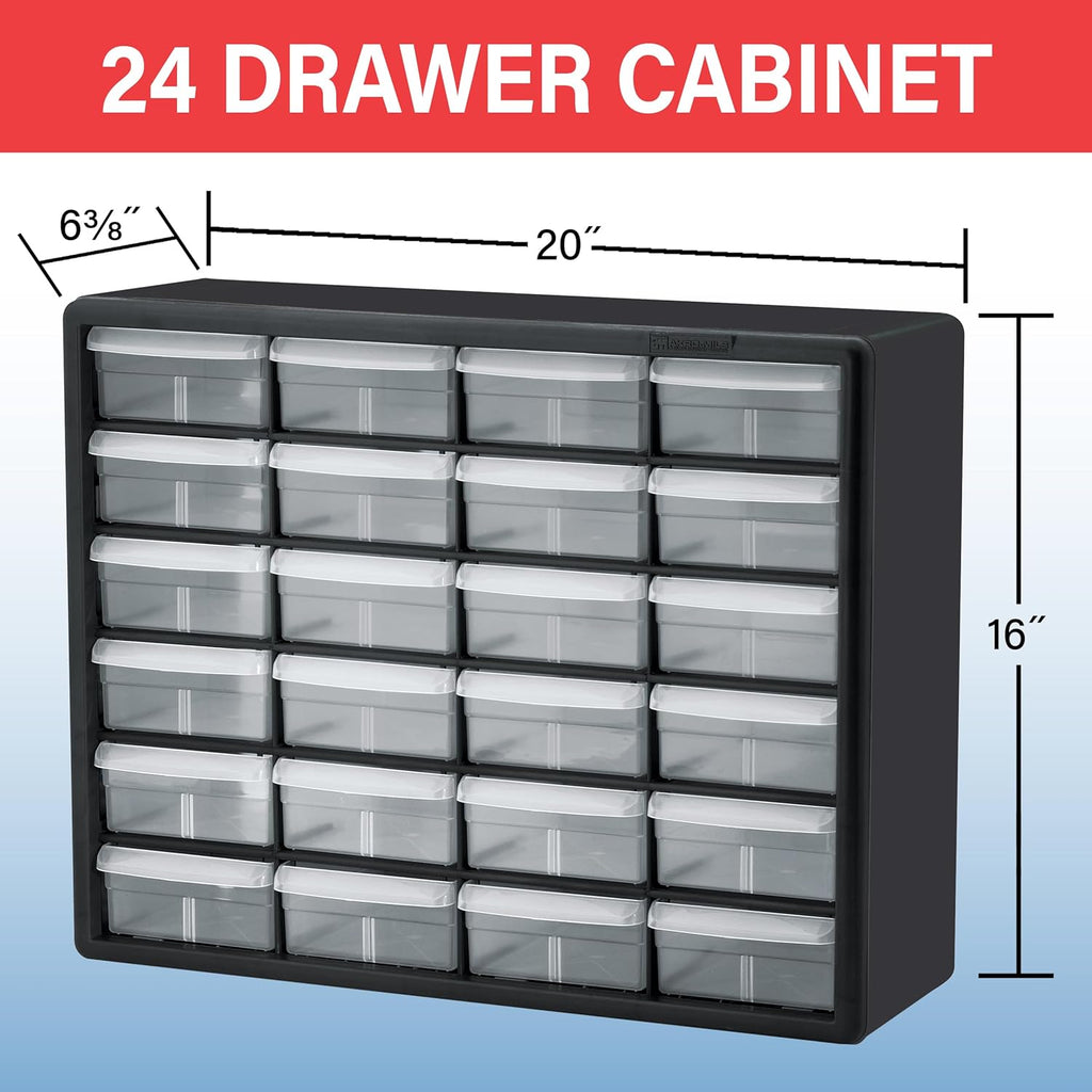 24-Drawer Plastic Storage Cabinet, 20"W x 6"D x 16"H, Black