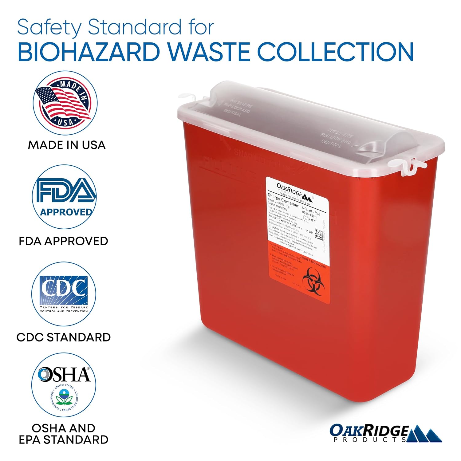 Sharps Container for Home Use and Professional 5 Quart (1-Pack), Biohazard Needle and Syringe Disposal, Horizontal