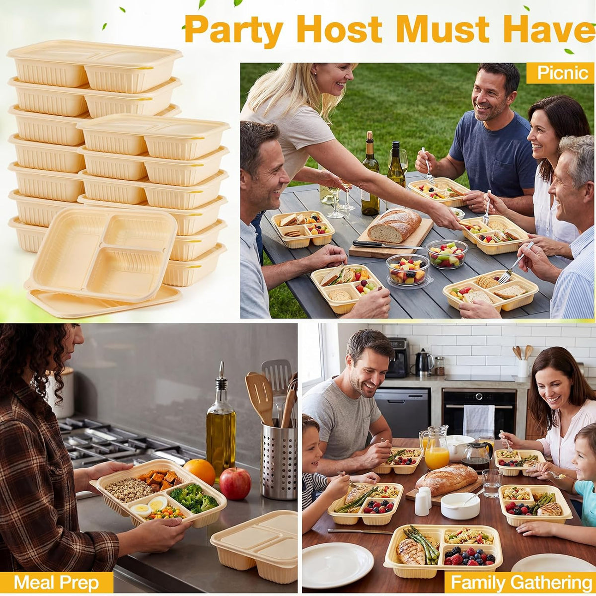 30 Pack(60 Pcs) 3 Compartments Compostable Plates with Lids