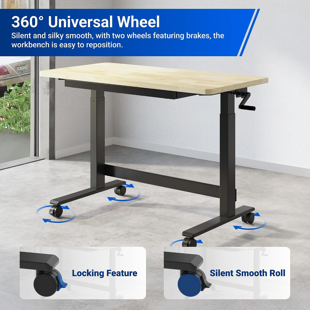 47.2" x 23.6" Adjustable Height Workbench, Hand Crank | Rubberwood Top, Heavy-Duty Steel Frame, Drawers And 360°