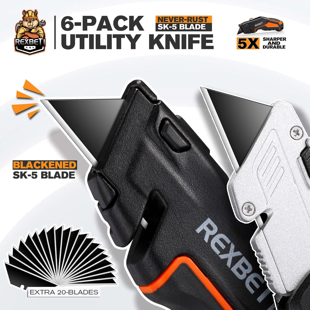 Box Cutter 6-Pack, Utility Knife with Blade Storage, 44 Blades