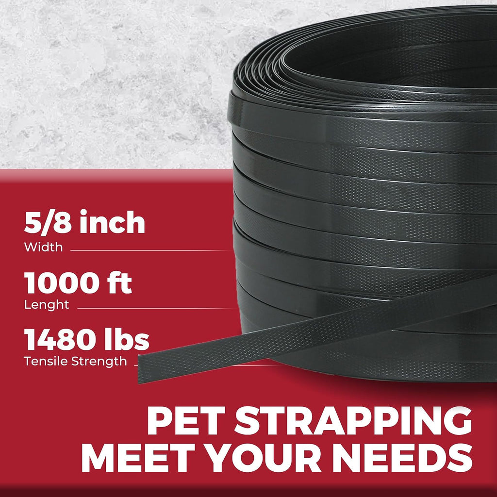 Banding Strapping Kit Tools - 5/8" x 1000' Black PET Pallet Packaging Set