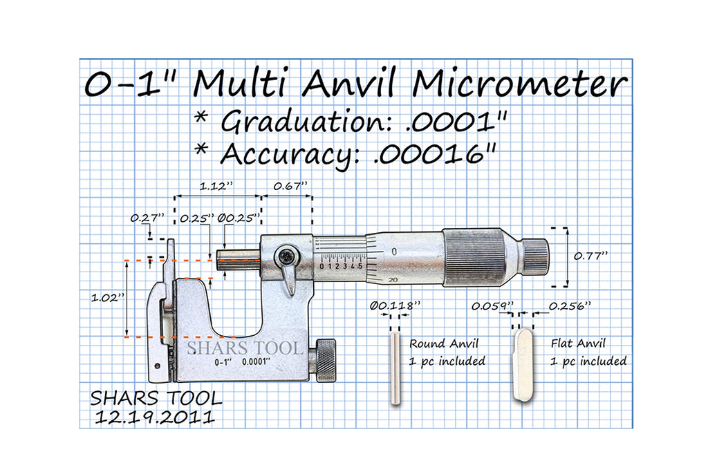 Shars 0-1" Multi Anvil Micrometer, .0001" Graduation 303-2304 P