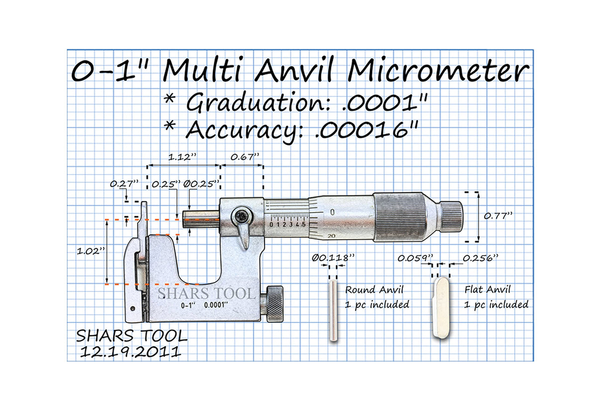 Shars 0-1" Multi Anvil Micrometer, .0001" Graduation 303-2304 P