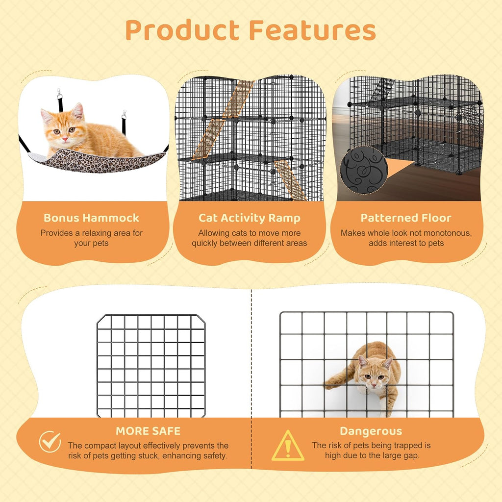 4-Tier Cat Cage Indoor Cat Enclosures DIY Cat Playpen Detachable Metal Wire Kennels with Extra Large Hammock for