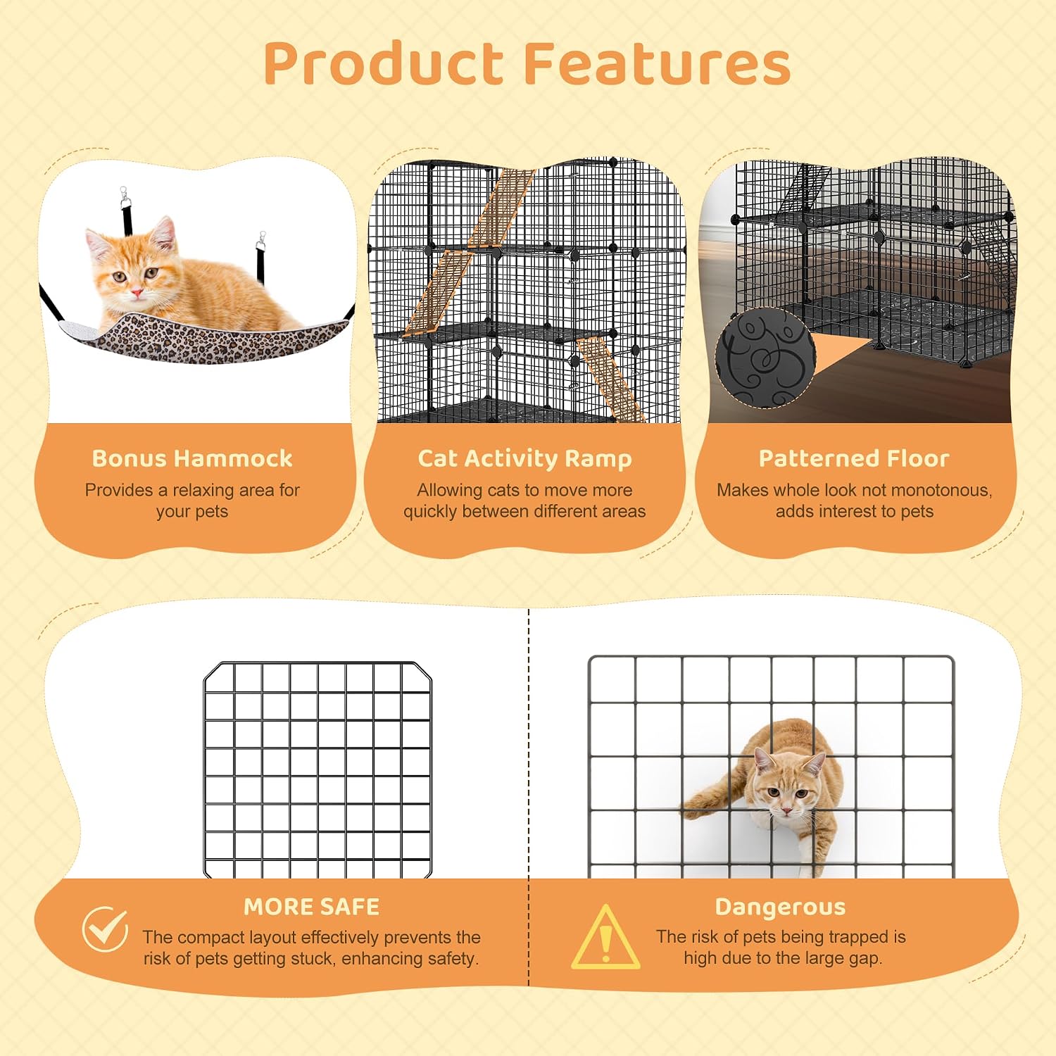 4-Tier Cat Cage Indoor Cat Enclosures DIY Cat Playpen Detachable Metal Wire Kennels with Extra Large Hammock for