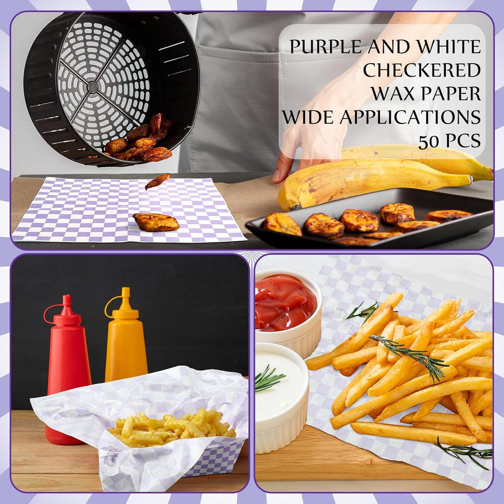 100 Pcs Gingham Paper Food Tray with Wax Paper,Purple White