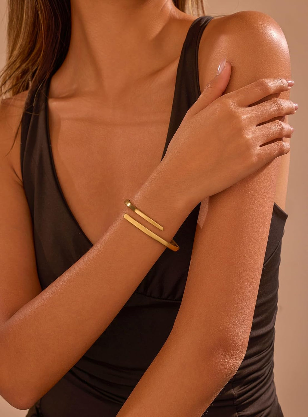 Gold Bangle Bracelet for Women, 14k Gold Plated Open Bangle, Stackable Stainless Steel Cuff Bracelets, Chunky Fashion