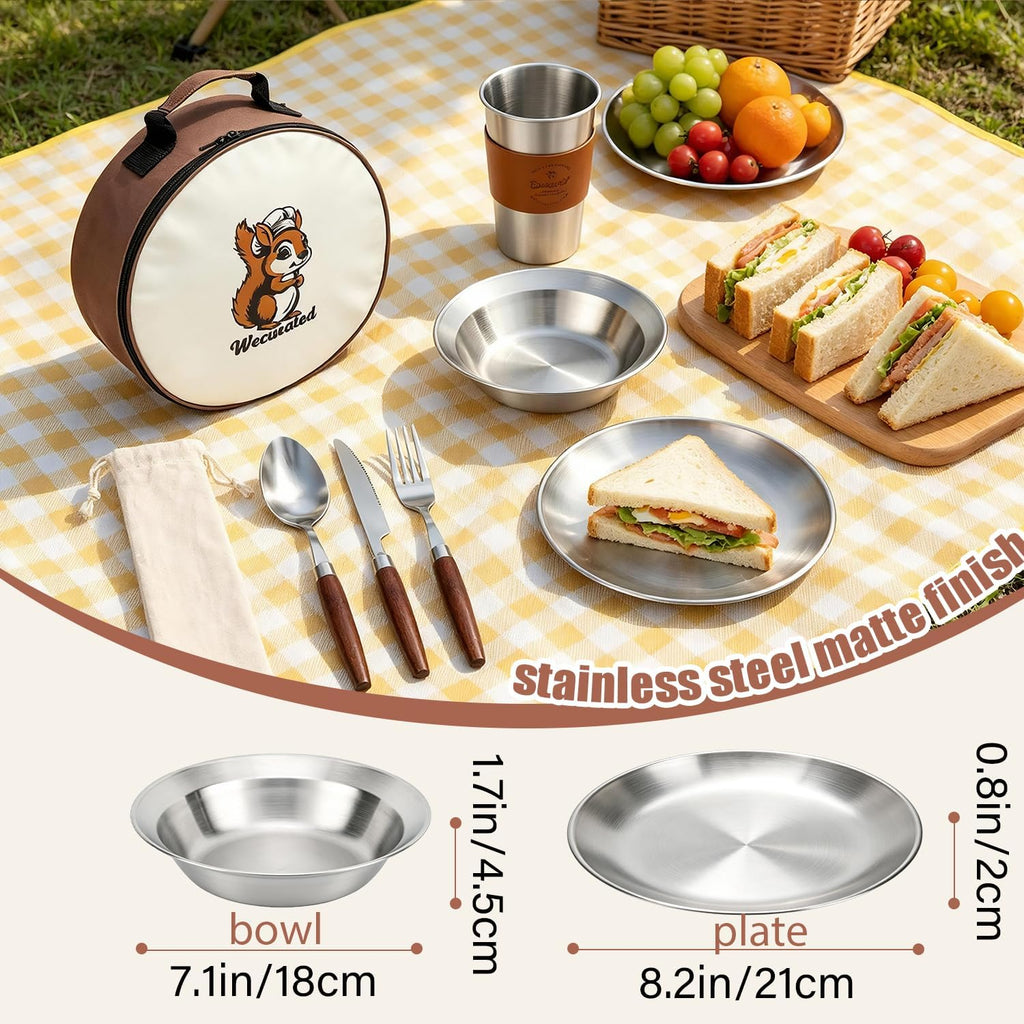 Camping Mess Kit, Stainless Steel Stylish Set | Bowls Plates Cups Forks Spoons and Knives, Camping Dishes Cutlery Set