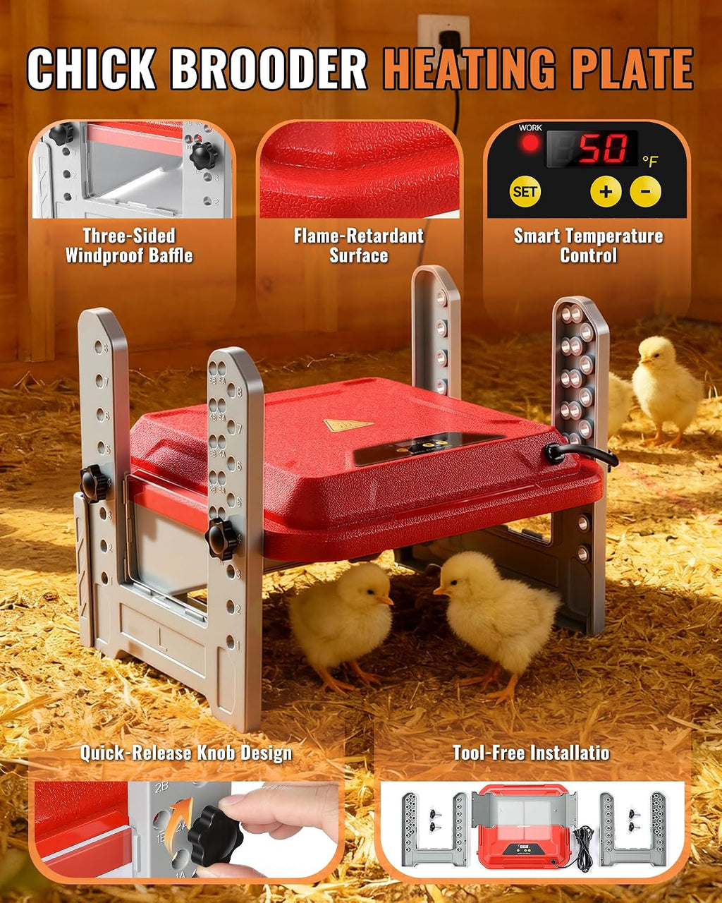 Chicken Brooder Plate, Smart Chick Heat Brooder Adjustable Temperature with LCD Display, 50W Chick Heater with