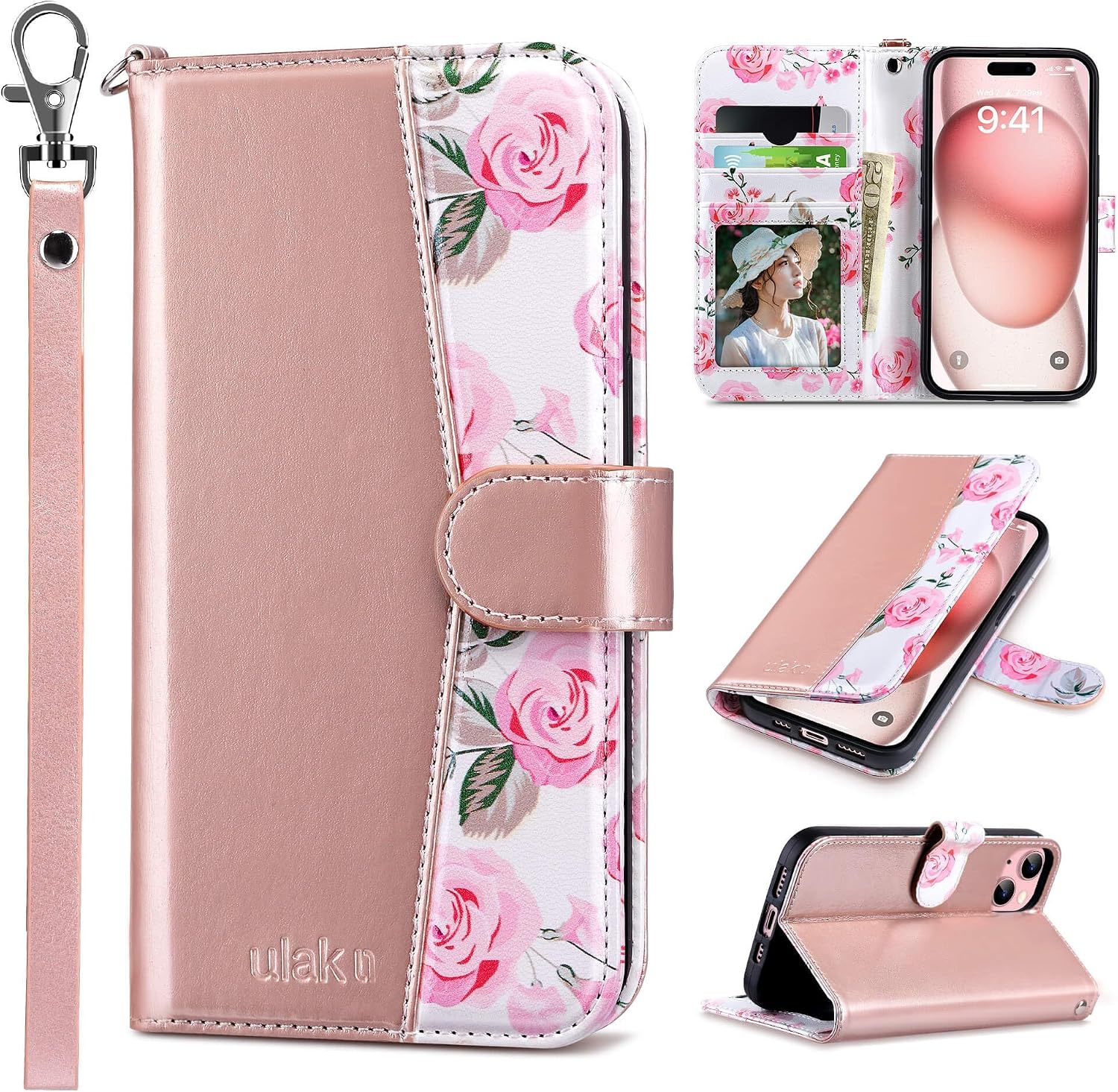 Compatible with iPhone 15 Wallet Case for Women, Premium PU Leather Floral Flip Cover with Card Holder, Kickstand