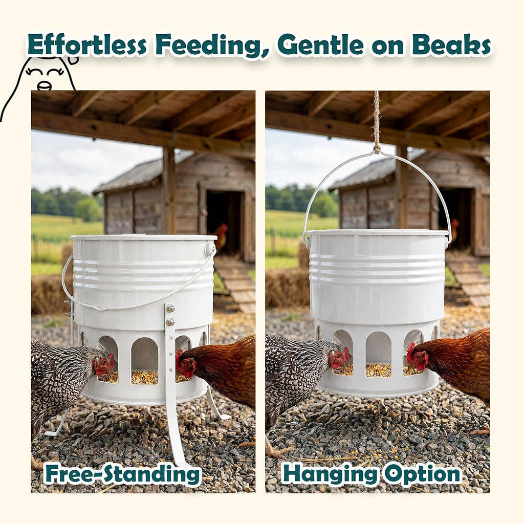 Metal Chicken Feeder No Waste - 20LB Large Chicken Feeder with 12 Ports & 4 Adjustable Heights Tripod Stand