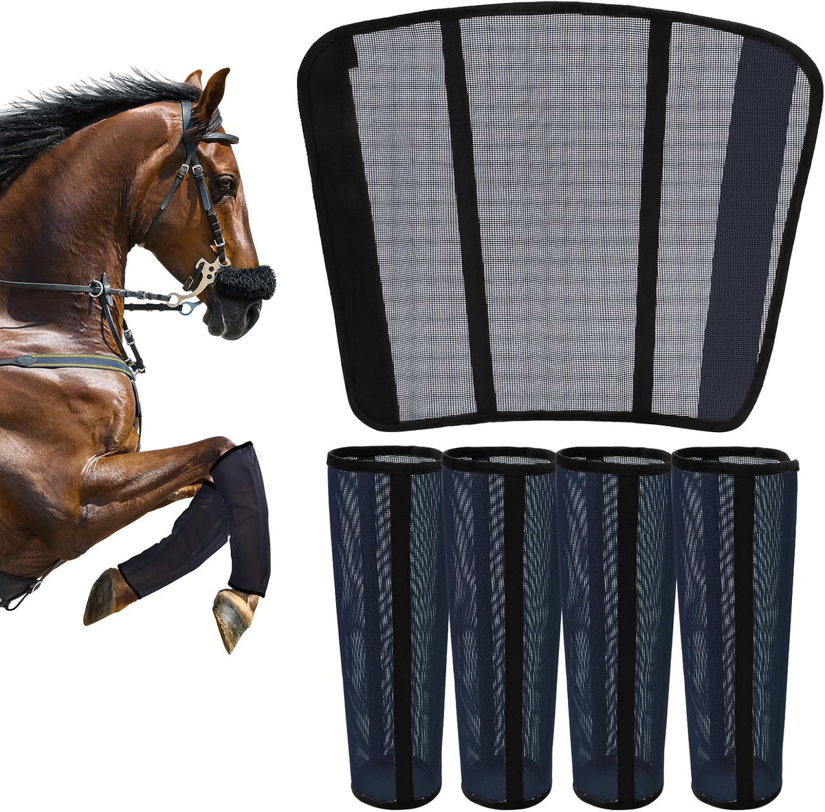Fly Boots for Horses Set of 4 – Innovative Curved-Edge Design, Anti-Sag Stays, Breathable Mesh Leg Protection