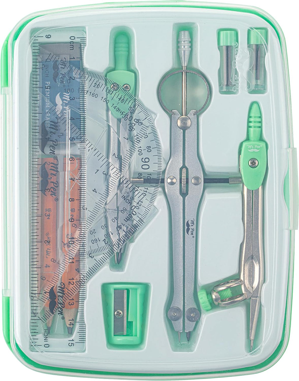 Geometry Set, 13 pcs, 3 Metal Compasses, Protractor, 6" Ruler | 45° & 30°/60° Set Squares, Pencils, Lead Refills