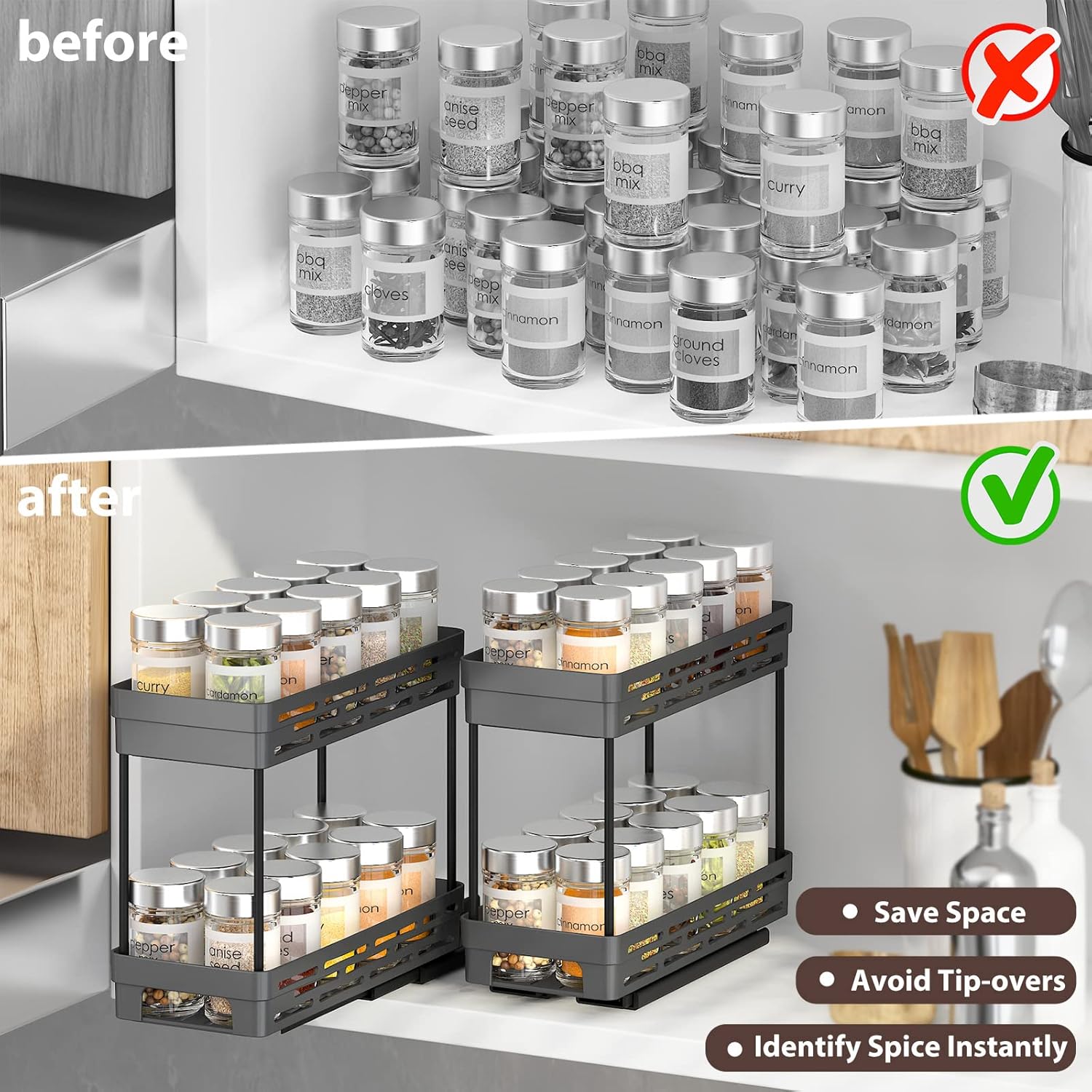 Pull Out Spice Rack Organizer for Cabinet, 3 Packs Slide Out Spice Racks Organizer, Spice Cabinet Organizers, Cabinet