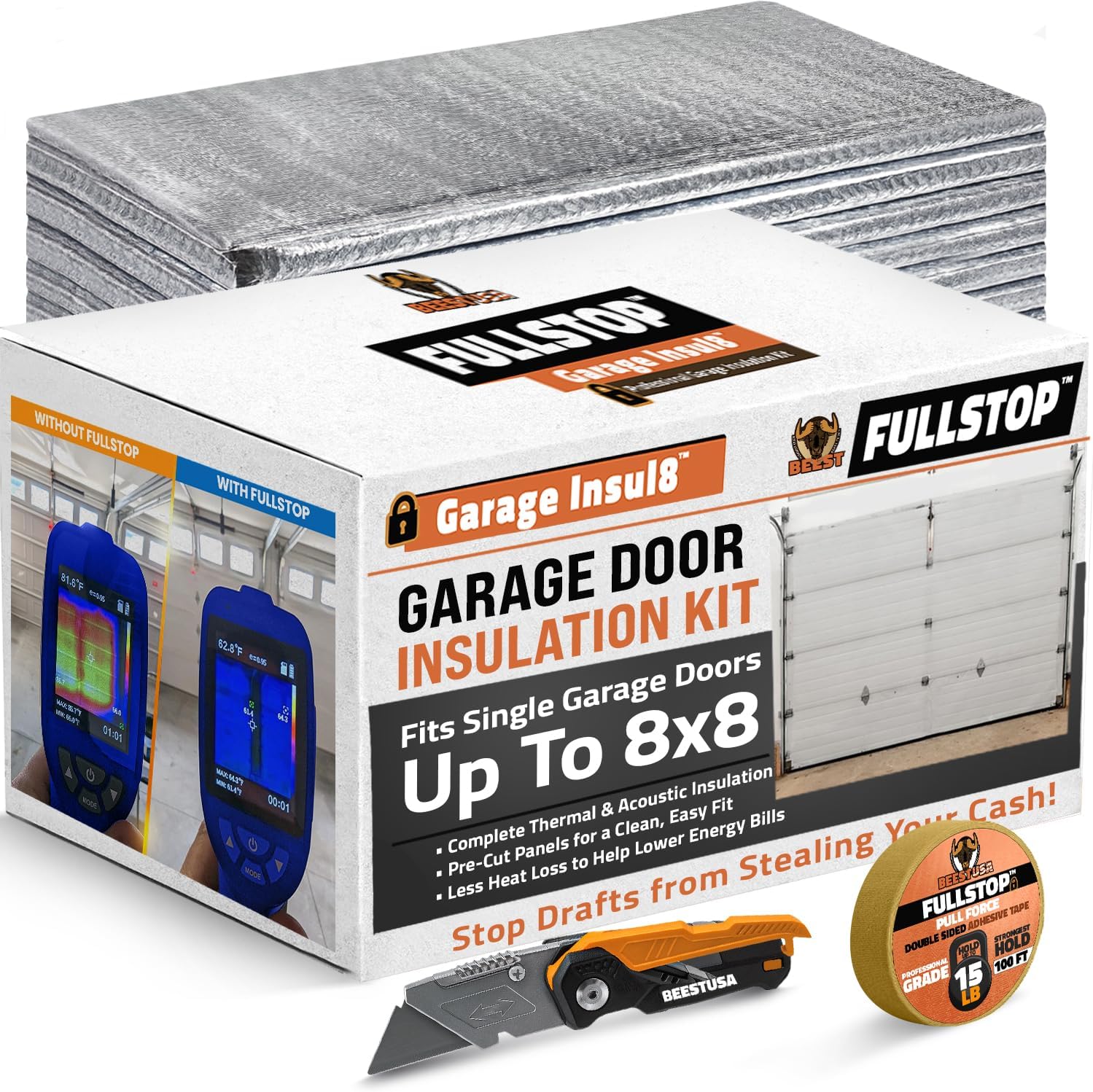 FULLSTOP Garage Door Insulation Kit - 8x8 & 8x7 ft Single Garage Door Insulation Panels - 8 Pre-Cut 24x48 Foam-Core