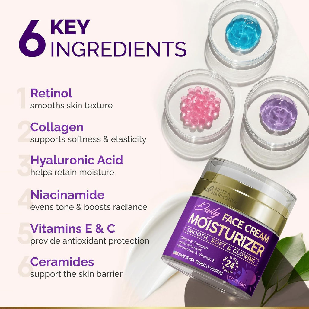 Face Moisturizer - Collagen | Retinol | Hyaluronic Acid | Vits C & E, 1.7oz | Day & Night Face Cream - Smooth, Soft &
