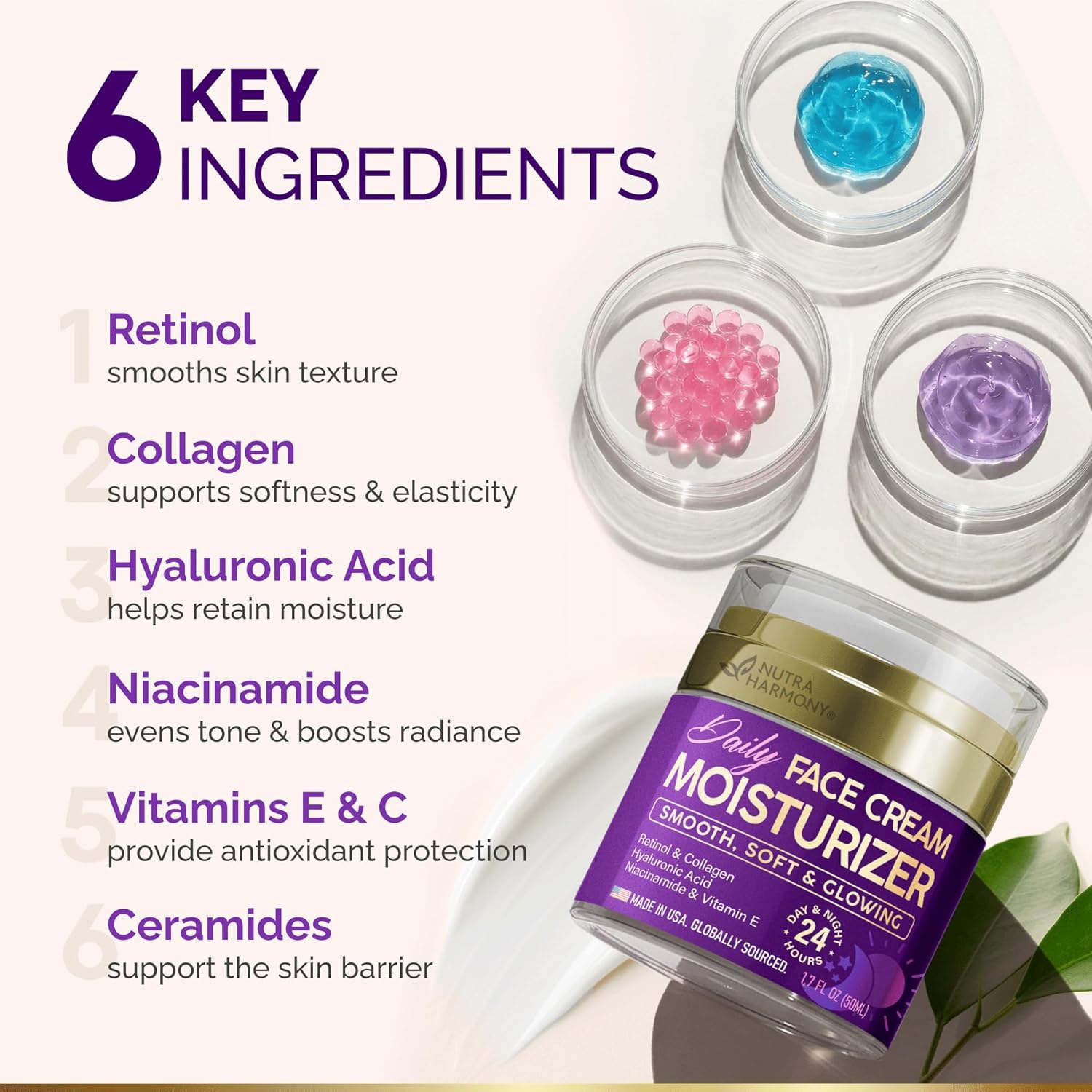 Face Moisturizer - Collagen | Retinol | Hyaluronic Acid | Vits C & E, 1.7oz | Day & Night Face Cream - Smooth, Soft &