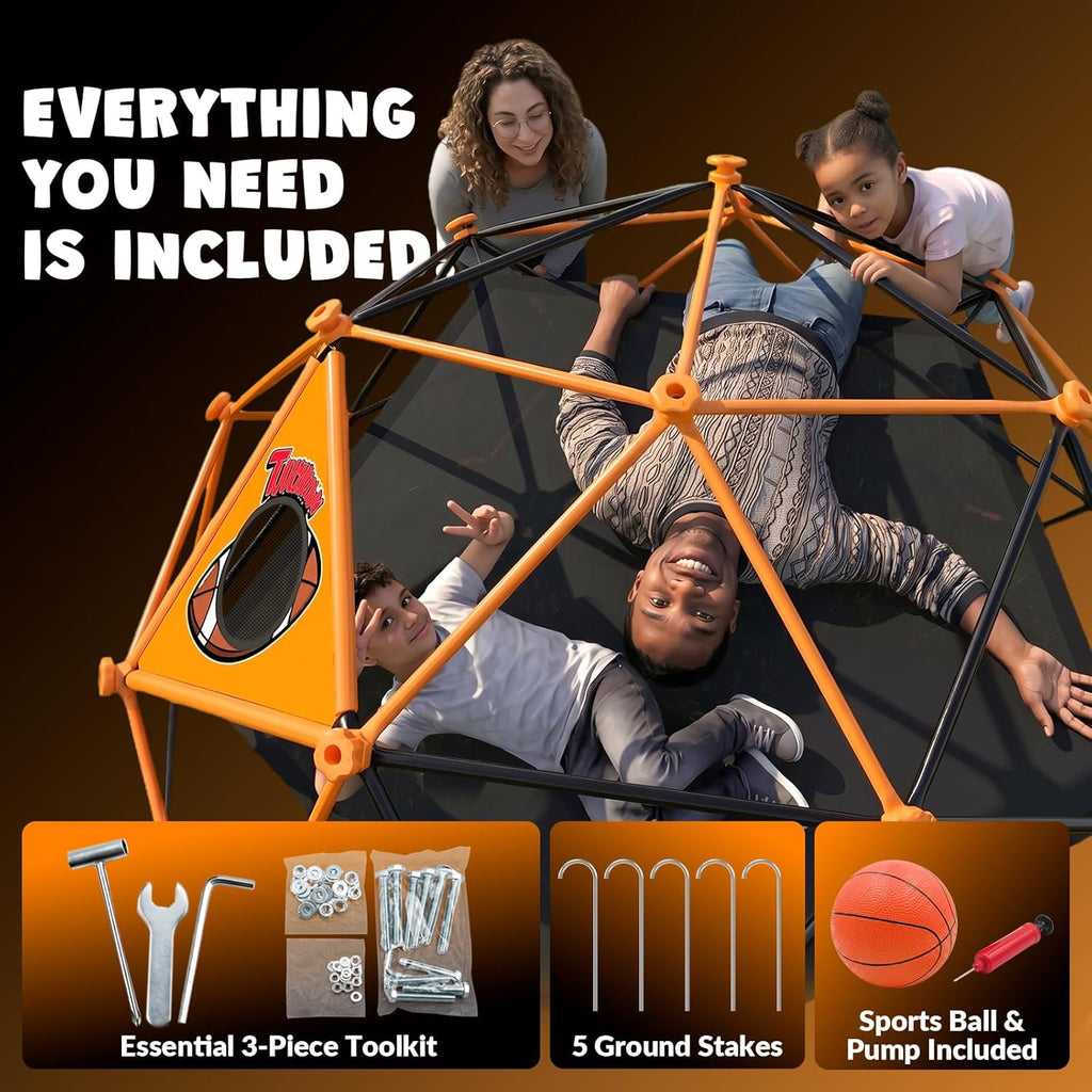 10FT Climbing Dome with Hammock & Ball Toss Game, 880LBS Geometric Dome Climber with Cat Paw Safety Holds, Anti-Rust