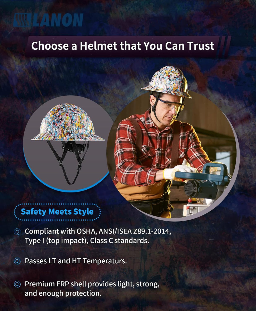 LANON Full Brim FRP Hard Hat, Class C, Premium Multicolor Design | FRP Shell with 4-Point Adjustable Ratchet