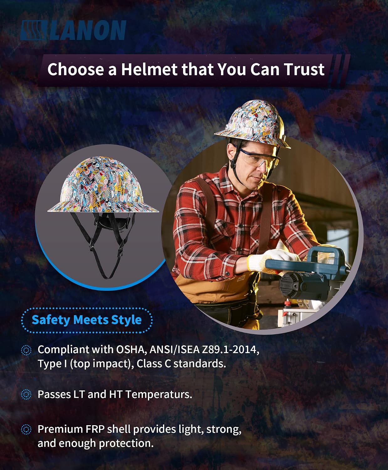 LANON Full Brim FRP Hard Hat, Class C, Premium Multicolor Design | FRP Shell with 4-Point Adjustable Ratchet