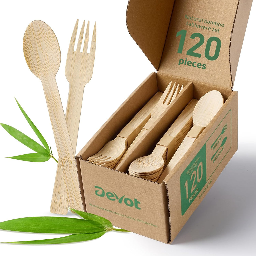 100% Bamboo Disposable Cutlery Set - 120 Mix (60 Forks,60 Spoons)